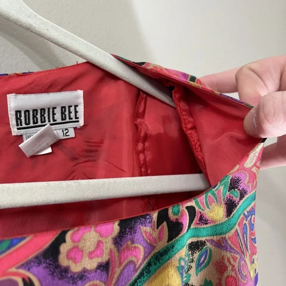 Vtg Y2K Robbie Bee Silk Floral Shift Dress 12 Red Lined Short Sleeve Knee Length - Picture 5 of 7